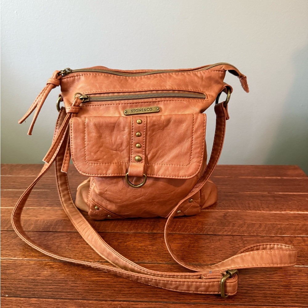 Stone & Co. Tan Crossbody Bag with Distressed Leather and Adjustable Strap